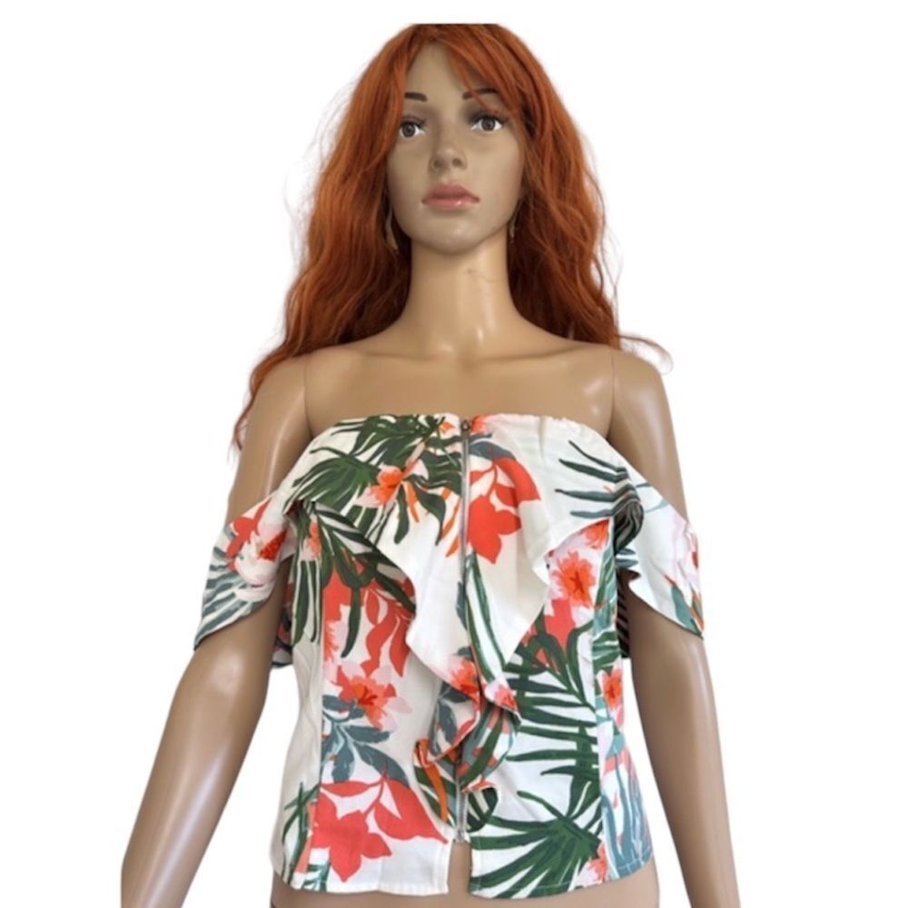 NEW HYFVE Off Shoulder Blouse Tropical Floralk Pattern Ruffled White Medium